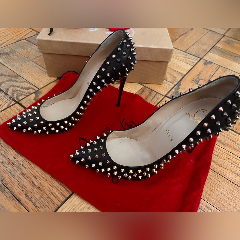Christian Louboutin Follies Spikes 100 Black Leather Mixed Spikes Size 39.5